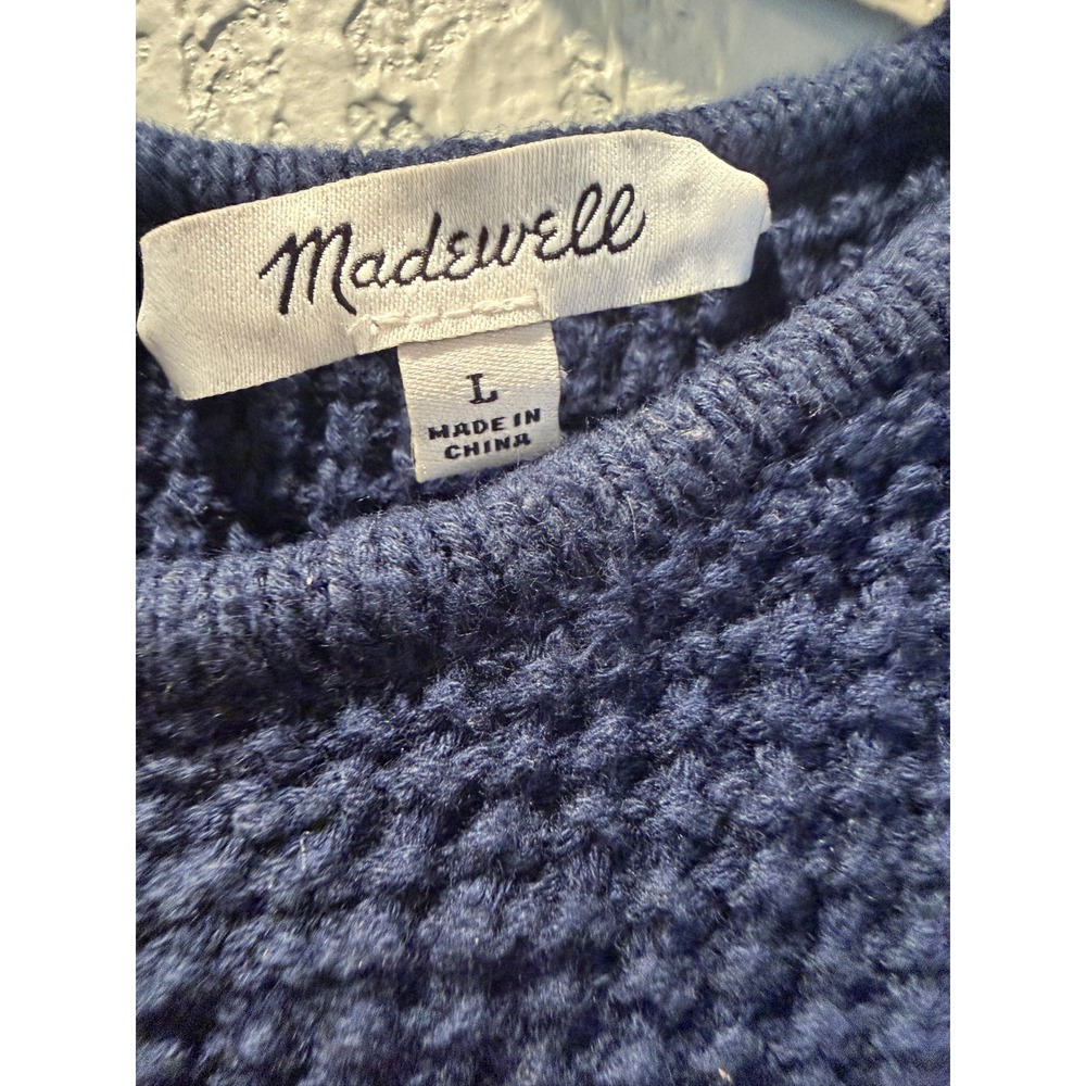 Madewell Navy Blue Waffle Knit Button Back Short Sleeve Sweater Top Size L - Picture 3 of 8
